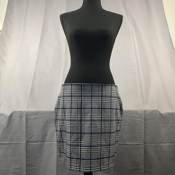 Express Skirt Womens Medium Blue Black White Plaid Houndstooth Pull On Career - Picture 1 of 16